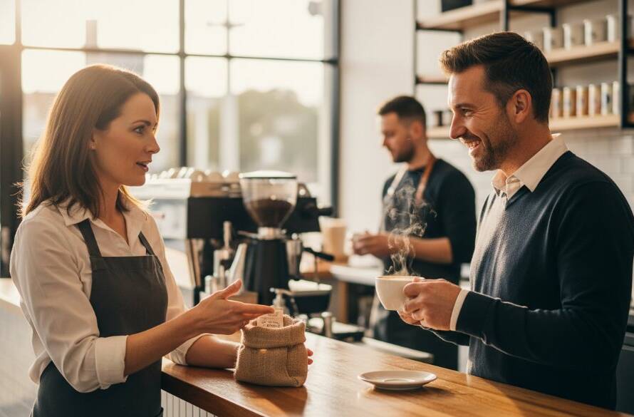 Dynamic Editorial Photography Balwyn North: A vibrant, candid shot of a local business owner engaging with customers in a modern Balwyn North cafe, captured with dramatic, warm lighting and a shallow depth of field, conveying authentic connection and community spirit.