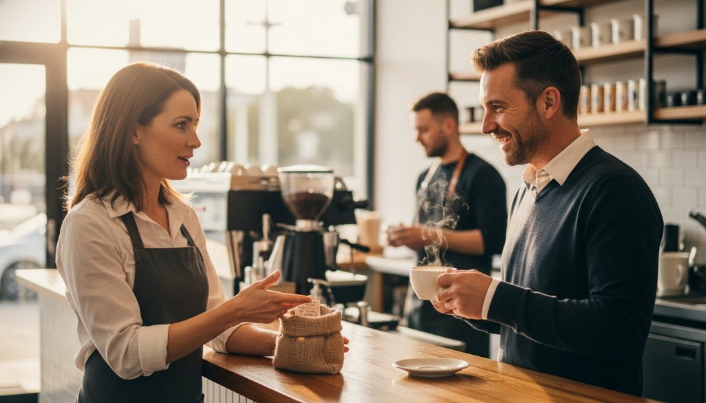Dynamic Editorial Photography Balwyn North: A vibrant, candid shot of a local business owner engaging with customers in a modern Balwyn North cafe, captured with dramatic, warm lighting and a shallow depth of field, conveying authentic connection and community spirit.