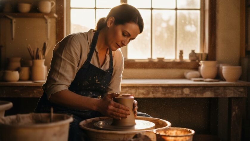 Dynamic Editorial Photography Black Hill Victoria featuring a passionate local artisan meticulously crafting pottery amidst natural light in their Black Hill studio, capturing an epic moment of creativity.