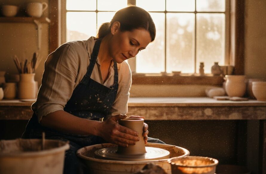 Dynamic Editorial Photography Black Hill Victoria featuring a passionate local artisan meticulously crafting pottery amidst natural light in their Black Hill studio, capturing an epic moment of creativity.