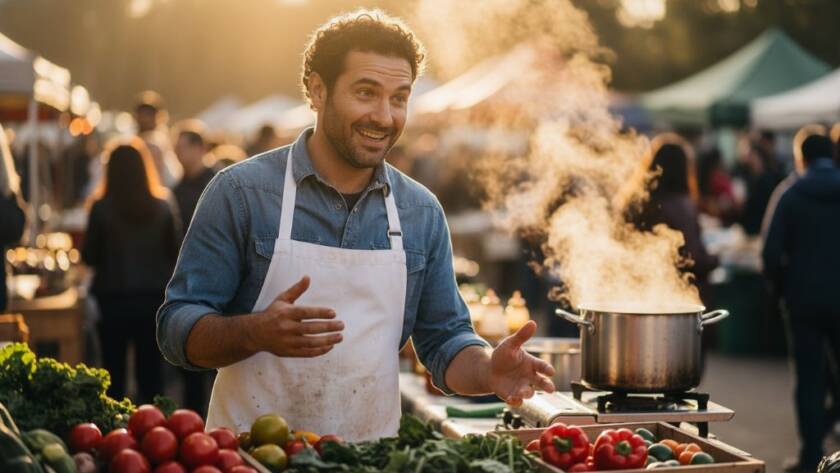 A powerful editorial photograph showcasing a local entrepreneur passionately explaining their innovative product in a vibrant Box Hill North community market, capturing the dynamic editorial photography Box Hill North spirit with dramatic, natural light.