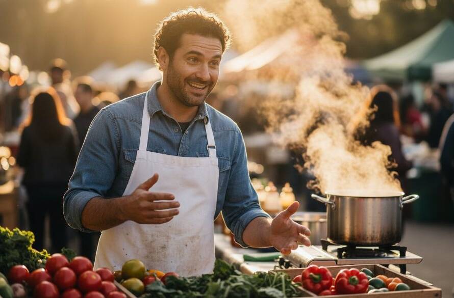 A powerful editorial photograph showcasing a local entrepreneur passionately explaining their innovative product in a vibrant Box Hill North community market, capturing the dynamic editorial photography Box Hill North spirit with dramatic, natural light.