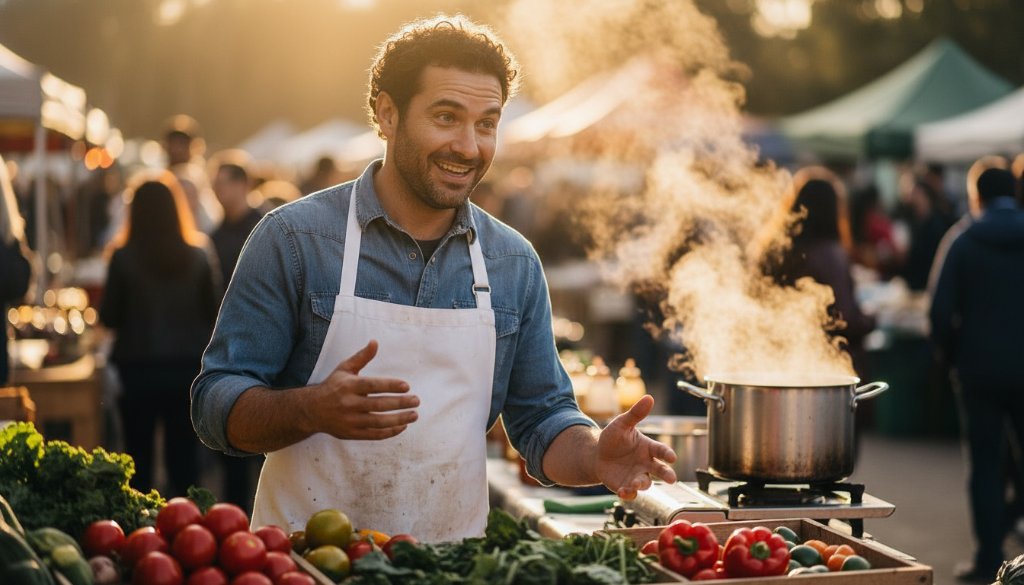 A powerful editorial photograph showcasing a local entrepreneur passionately explaining their innovative product in a vibrant Box Hill North community market, capturing the dynamic editorial photography Box Hill North spirit with dramatic, natural light.