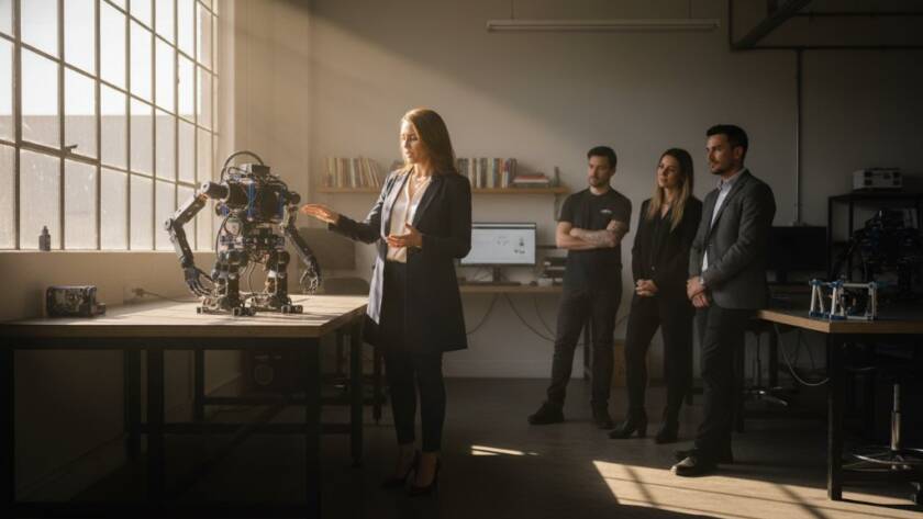An epic, dramatic photograph showcasing dynamic editorial photography Braeside businesses, featuring a local industrial designer passionately explaining a new prototype in a modern Braeside workshop, with dramatic natural light highlighting their innovative spirit.