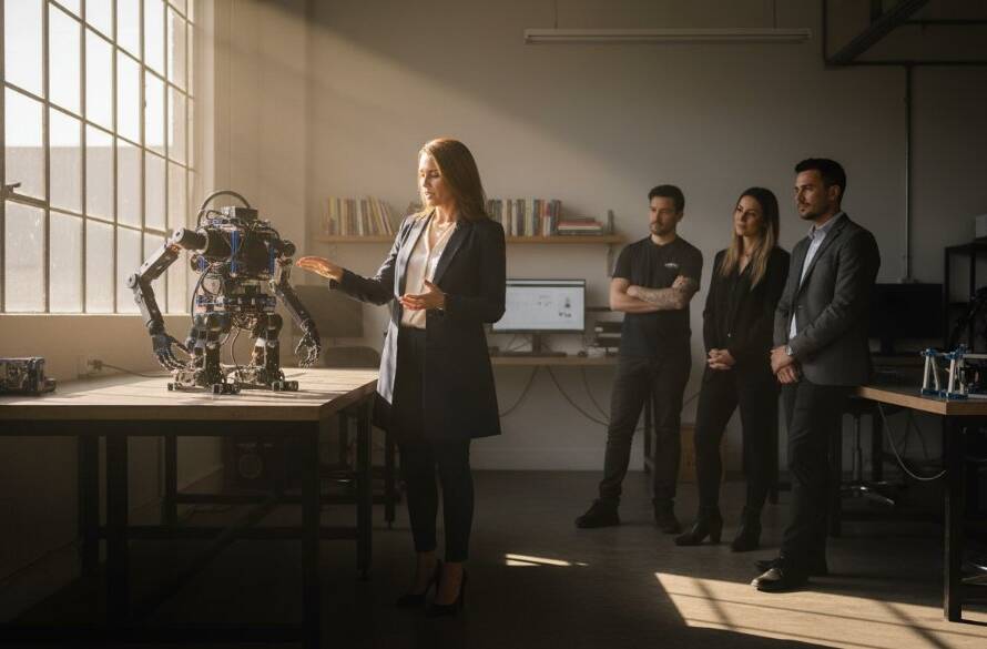 An epic, dramatic photograph showcasing dynamic editorial photography Braeside businesses, featuring a local industrial designer passionately explaining a new prototype in a modern Braeside workshop, with dramatic natural light highlighting their innovative spirit.