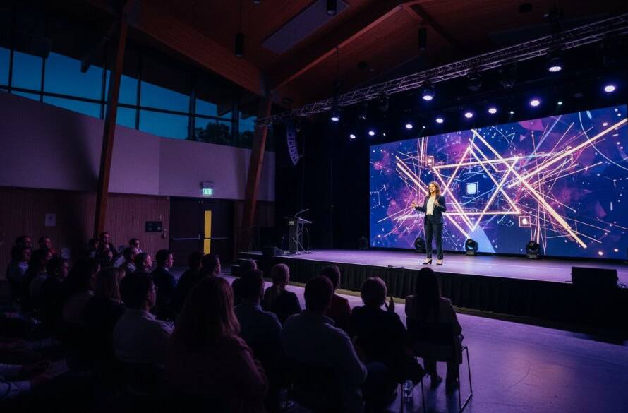 A wide-angle, low-angle shot of a successful entrepreneur giving an inspiring presentation at a modern community centre in Cranbourne North, capturing a dynamic editorial photography Cranbourne North Victoria moment with dramatic stage lighting, a diverse and engaged audience blurred in the foreground, and the speaker silhouetted powerfully against a bright screen displaying a bold graphic.