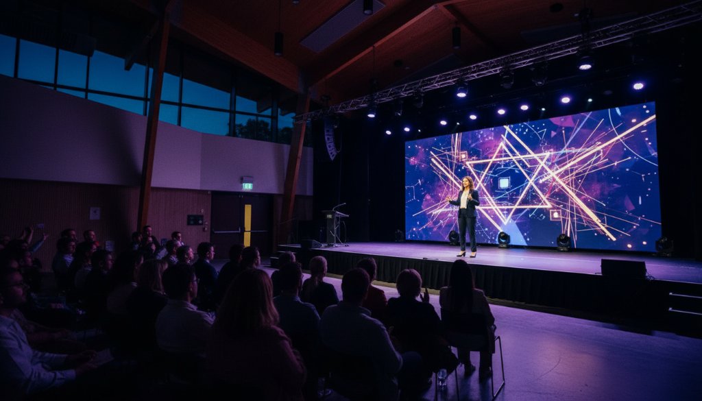 A wide-angle, low-angle shot of a successful entrepreneur giving an inspiring presentation at a modern community centre in Cranbourne North, capturing a dynamic editorial photography Cranbourne North Victoria moment with dramatic stage lighting, a diverse and engaged audience blurred in the foreground, and the speaker silhouetted powerfully against a bright screen displaying a bold graphic.