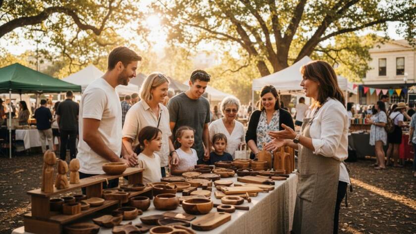 An epic moment captured through dynamic editorial photography Doncaster Victoria, showing a vibrant community event with a local business owner engaging animatedly with customers in a beautifully lit outdoor setting near Westfield Doncaster, showcasing authentic interaction and local spirit.