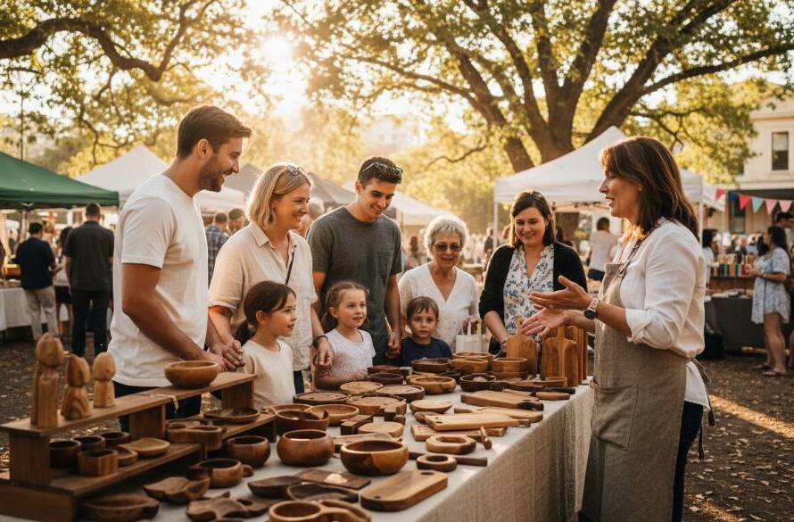 An epic moment captured through dynamic editorial photography Doncaster Victoria, showing a vibrant community event with a local business owner engaging animatedly with customers in a beautifully lit outdoor setting near Westfield Doncaster, showcasing authentic interaction and local spirit.