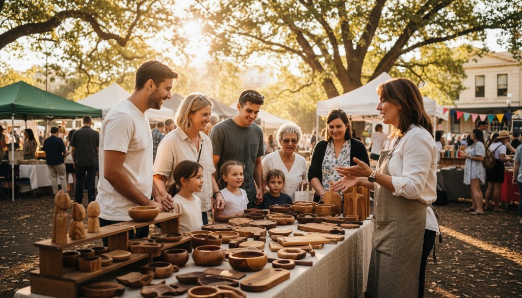 An epic moment captured through dynamic editorial photography Doncaster Victoria, showing a vibrant community event with a local business owner engaging animatedly with customers in a beautifully lit outdoor setting near Westfield Doncaster, showcasing authentic interaction and local spirit.