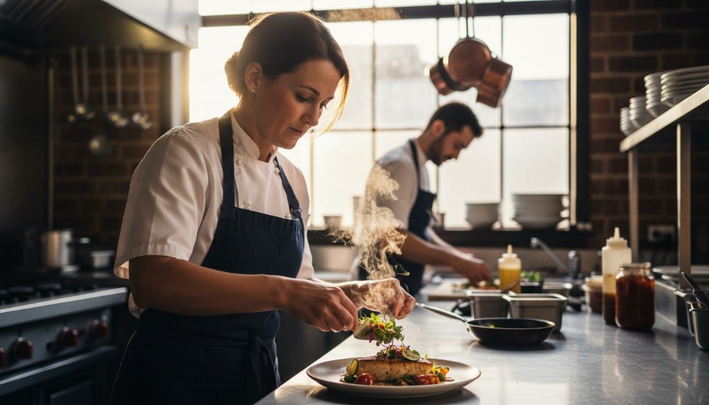 Dynamic editorial photography Footscray creatives captured in an epic moment, featuring a local street artist applying vibrant paint to a large mural on a brick wall in a bustling Footscray laneway, with dramatic late afternoon sunlight highlighting the texture and colour, and a sense of energetic creativity.