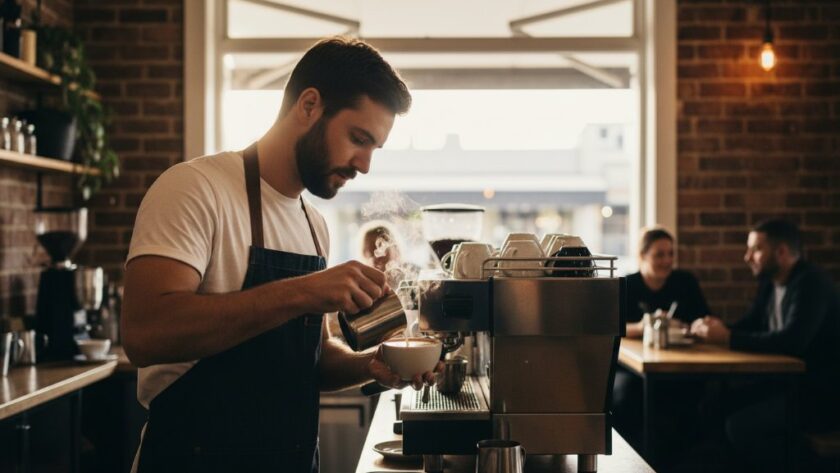 An epic moment captured in dynamic editorial photography Geelong West local business storytelling, showing a passionate chef expertly plating a dish in a vibrant Pakington Street restaurant, dramatic backlighting illuminating steam and culinary artistry.