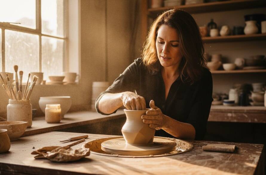 A professional photographer capturing a dynamic editorial photography Glen Iris Victoria moment of a local artisan showcasing their craft in a sun-drenched workshop, dramatic lighting highlighting intricate details.