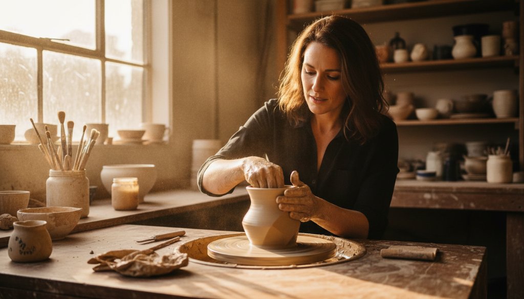A professional photographer capturing a dynamic editorial photography Glen Iris Victoria moment of a local artisan showcasing their craft in a sun-drenched workshop, dramatic lighting highlighting intricate details.