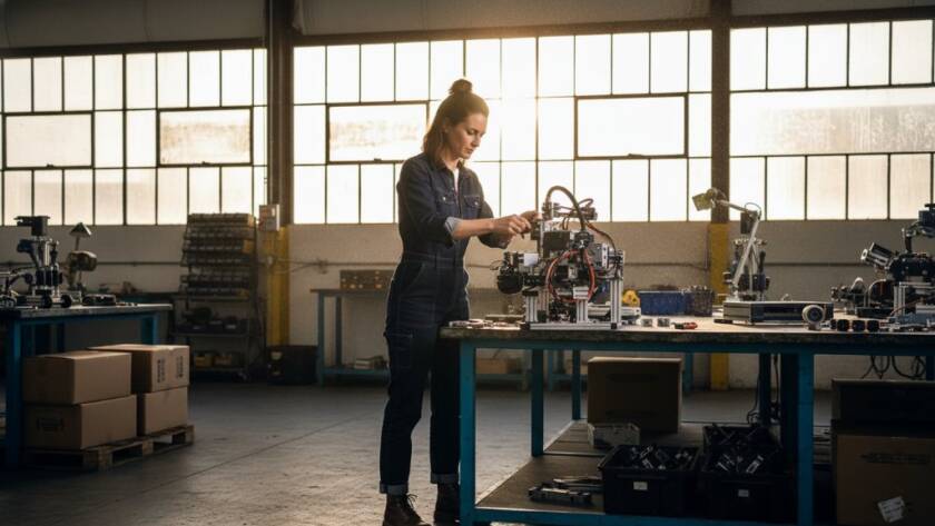 A compelling wide-angle shot capturing a dynamic editorial photography Keilor Park storytelling moment: a local business owner passionately discussing their craft in a bustling Keilor Park industrial setting, bathed in dramatic golden hour light, reflecting dedication and innovation.