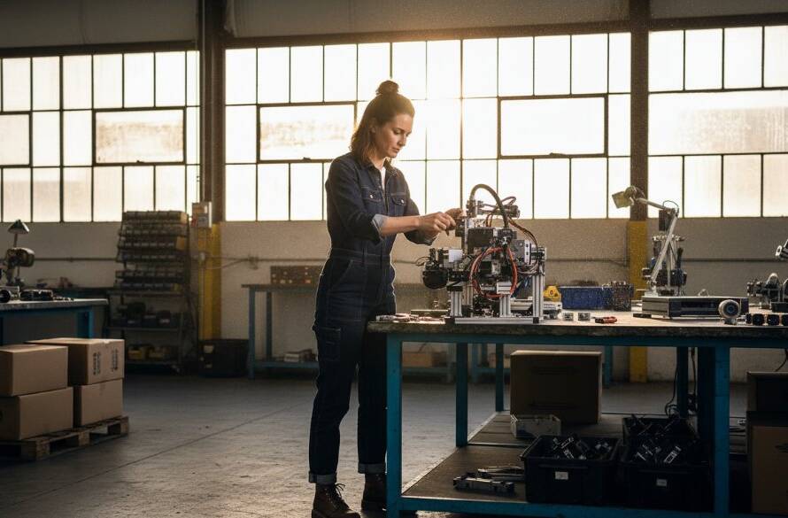 A compelling wide-angle shot capturing a dynamic editorial photography Keilor Park storytelling moment: a local business owner passionately discussing their craft in a bustling Keilor Park industrial setting, bathed in dramatic golden hour light, reflecting dedication and innovation.
