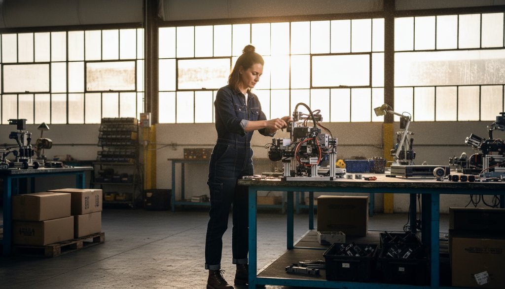 A compelling wide-angle shot capturing a dynamic editorial photography Keilor Park storytelling moment: a local business owner passionately discussing their craft in a bustling Keilor Park industrial setting, bathed in dramatic golden hour light, reflecting dedication and innovation.
