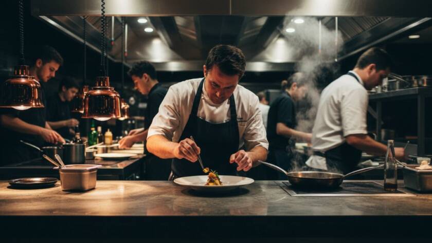 A stunning wide shot capturing a local McKinnon cafe owner passionately preparing a latte during peak morning rush, showcasing the vibrant energy of a McKinnon business through dynamic editorial photography, with dramatic natural light silhouetting the action and creating a cinematic feel.