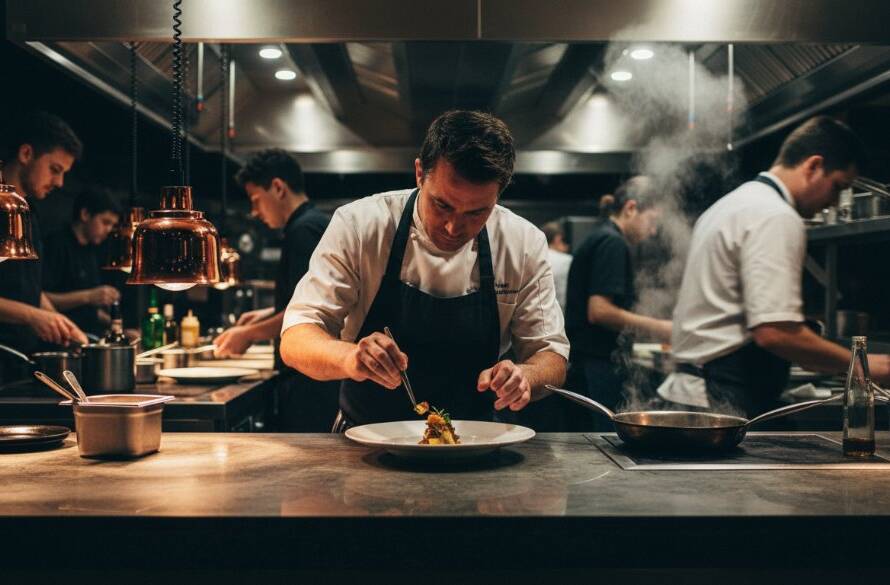 A stunning wide shot capturing a local McKinnon cafe owner passionately preparing a latte during peak morning rush, showcasing the vibrant energy of a McKinnon business through dynamic editorial photography, with dramatic natural light silhouetting the action and creating a cinematic feel.
