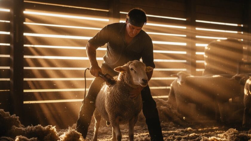 An epic moment captured through dynamic editorial photography Miners Rest Victoria storytelling, showing a farmer silhouetted against a dramatic sunset over a golden wheat field, driving a vintage tractor, symbolising hard work and the spirit of rural Victoria.