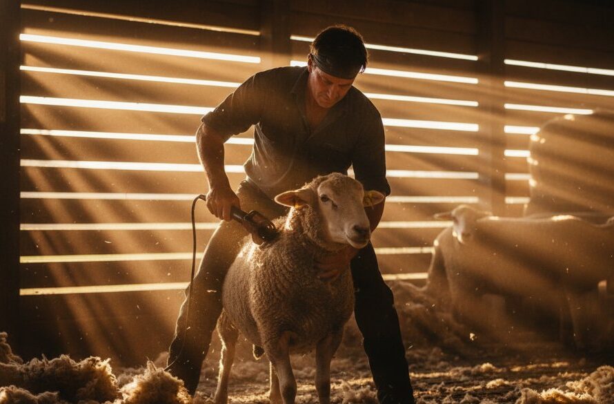 An epic moment captured through dynamic editorial photography Miners Rest Victoria storytelling, showing a farmer silhouetted against a dramatic sunset over a golden wheat field, driving a vintage tractor, symbolising hard work and the spirit of rural Victoria.
