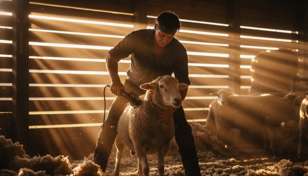 An epic moment captured through dynamic editorial photography Miners Rest Victoria storytelling, showing a farmer silhouetted against a dramatic sunset over a golden wheat field, driving a vintage tractor, symbolising hard work and the spirit of rural Victoria.