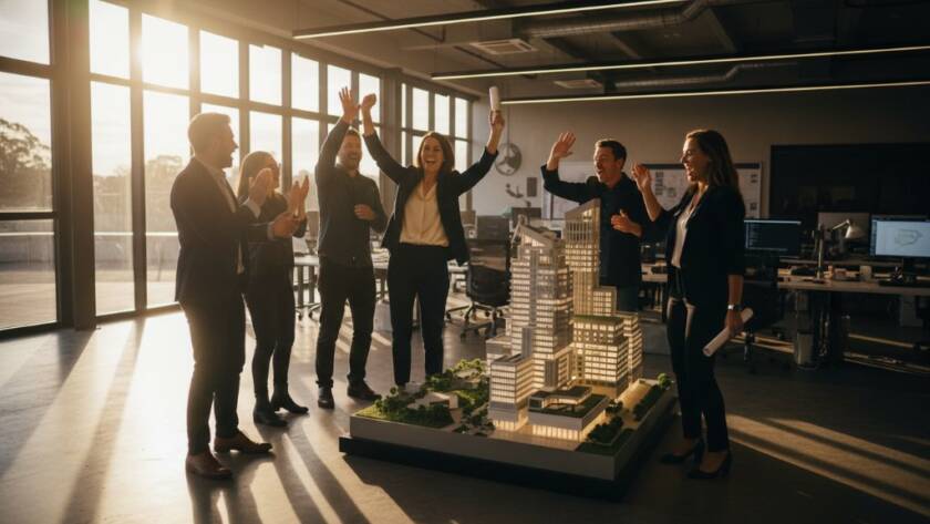 Dynamic editorial photography Mulgrave businesses: A wide-angle, cinematic shot capturing an 'epic moment' of a thriving local business team collaborating passionately in a modern Mulgrave office, bathed in dramatic natural light, showcasing innovative work and the brand's vibrant culture.