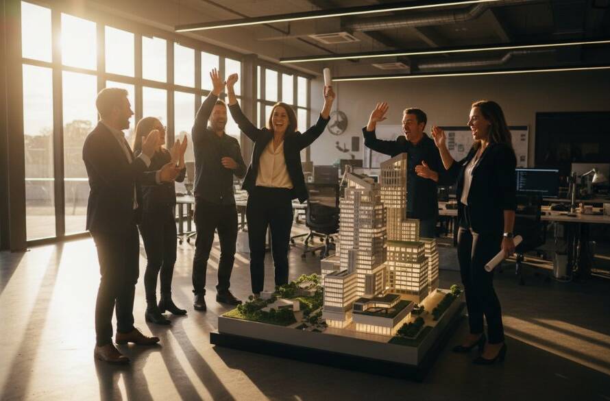 Dynamic editorial photography Mulgrave businesses: A wide-angle, cinematic shot capturing an 'epic moment' of a thriving local business team collaborating passionately in a modern Mulgrave office, bathed in dramatic natural light, showcasing innovative work and the brand's vibrant culture.