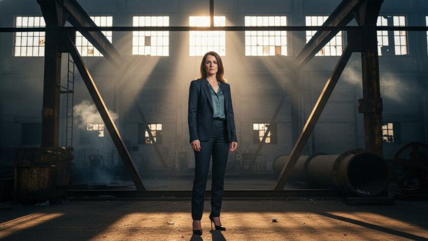 A wide shot featuring a fashion model striking a powerful pose against the dramatic backdrop of North Geelong industrial heritage architecture, with smoke and golden hour light creating a cinematic 'epic moment' for dynamic editorial photography.