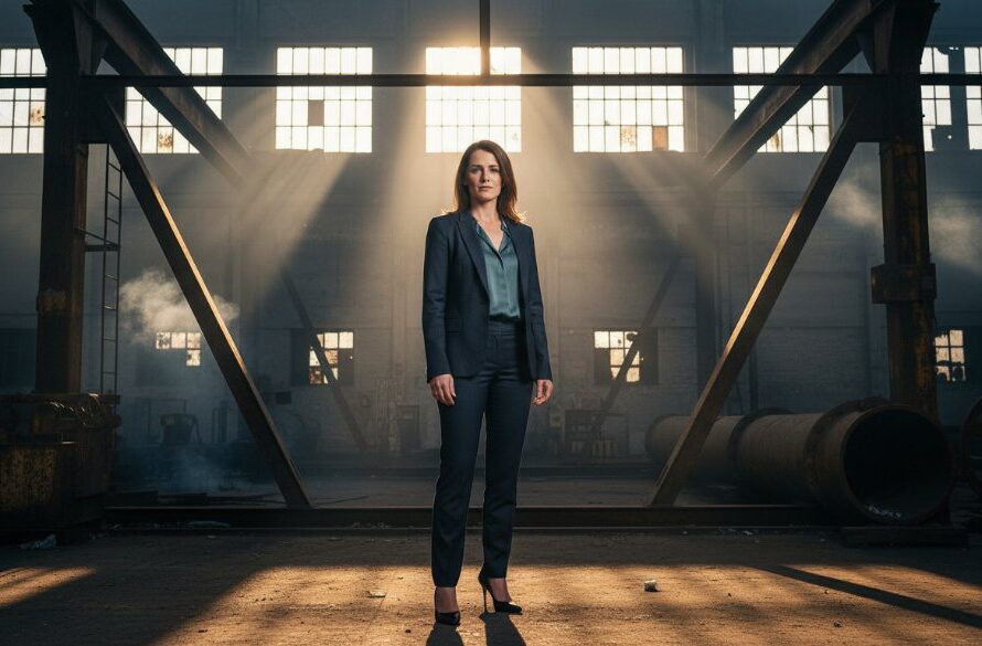 A wide shot featuring a fashion model striking a powerful pose against the dramatic backdrop of North Geelong industrial heritage architecture, with smoke and golden hour light creating a cinematic 'epic moment' for dynamic editorial photography.