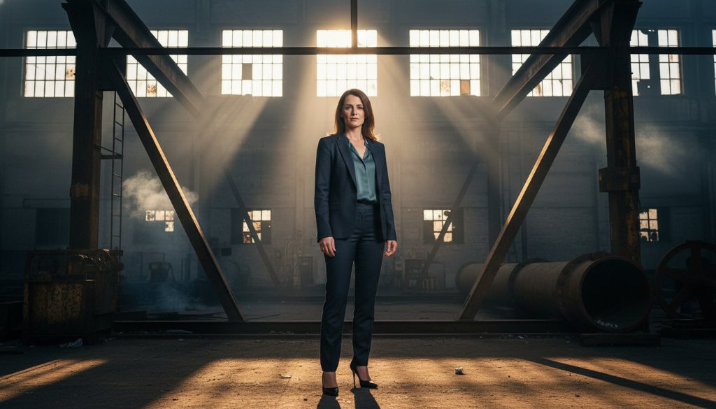 A wide shot featuring a fashion model striking a powerful pose against the dramatic backdrop of North Geelong industrial heritage architecture, with smoke and golden hour light creating a cinematic 'epic moment' for dynamic editorial photography.