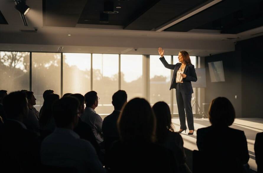 An epic, cinematic moment captured through dynamic editorial photography in Notting Hill, Victoria. A charismatic professional speaker on stage, illuminated by dramatic spotlights, engaging a captivated audience at a modern event venue, embodying powerful brand storytelling.