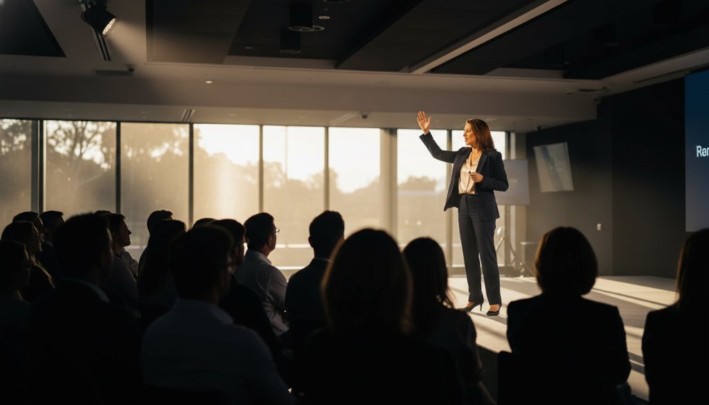 An epic, cinematic moment captured through dynamic editorial photography in Notting Hill, Victoria. A charismatic professional speaker on stage, illuminated by dramatic spotlights, engaging a captivated audience at a modern event venue, embodying powerful brand storytelling.
