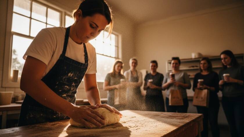A dynamic editorial photography Nunawading Victoria businesses scene, capturing a local artisan's intense focus as they craft bespoke jewellery in their sun-drenched Nunawading studio, dramatic side lighting highlighting their skilled hands and the intricate details of their work, conveying passion and precision in an epic moment.