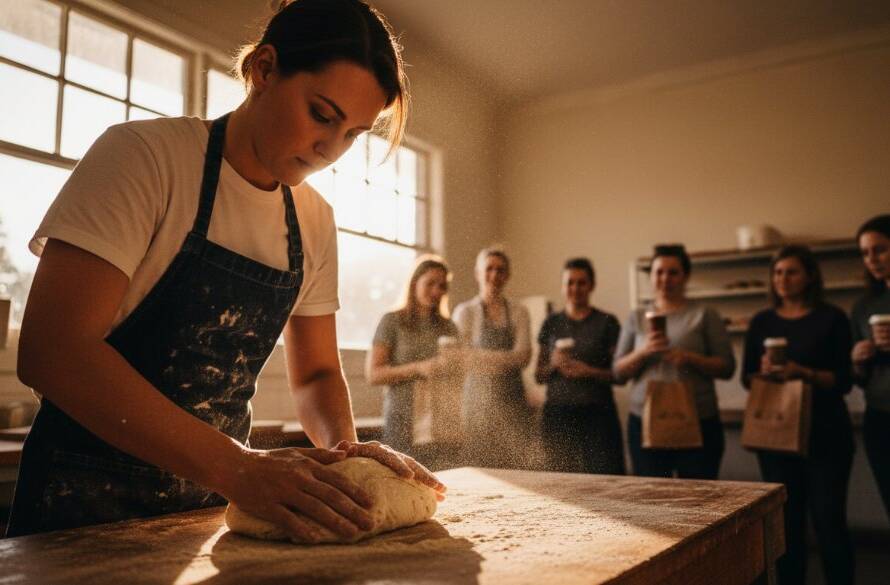 A dynamic editorial photography Nunawading Victoria businesses scene, capturing a local artisan's intense focus as they craft bespoke jewellery in their sun-drenched Nunawading studio, dramatic side lighting highlighting their skilled hands and the intricate details of their work, conveying passion and precision in an epic moment.