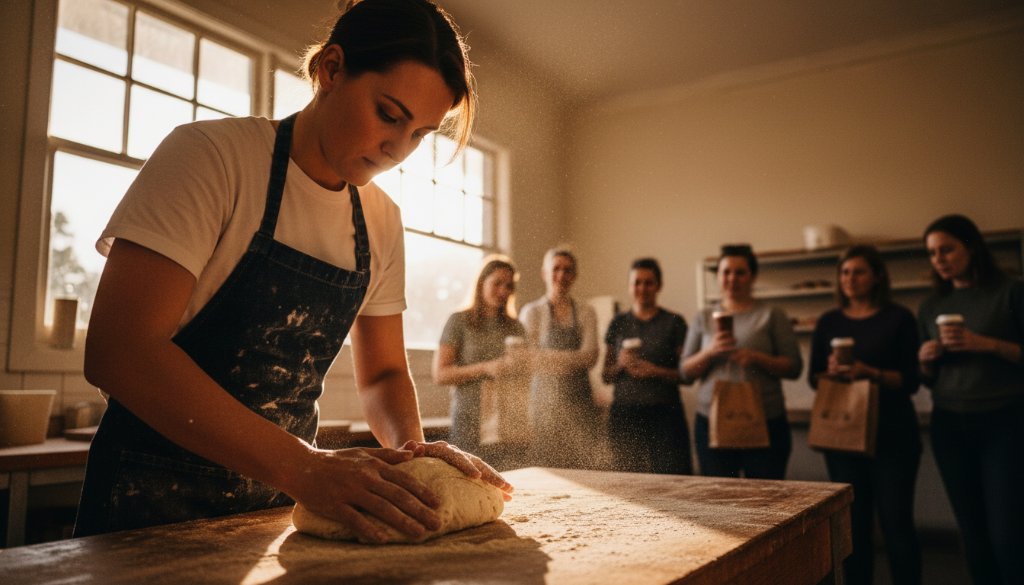 A dynamic editorial photography Nunawading Victoria businesses scene, capturing a local artisan's intense focus as they craft bespoke jewellery in their sun-drenched Nunawading studio, dramatic side lighting highlighting their skilled hands and the intricate details of their work, conveying passion and precision in an epic moment.