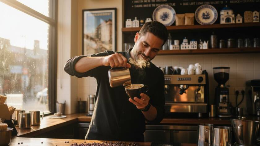 A dynamic editorial photography for Oakleigh businesses shot showing a local cafe owner passionately serving coffee, captured with dramatic lighting and a shallow depth of field, highlighting the energetic vibe of Oakleigh, Victoria, Australia.