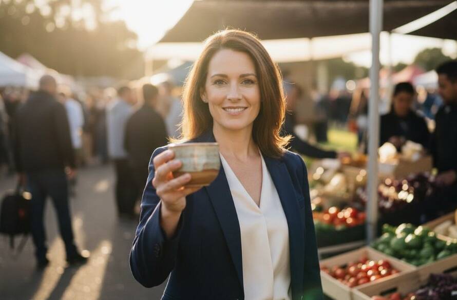 A powerful, emotionally charged dynamic editorial photography Pakenham Victoria shot, capturing a local artisan passionately presenting their handcrafted goods at a vibrant community market near Lakeside Pakenham, bathed in warm, dramatic afternoon sunlight, with a shallow depth of field highlighting their engaged expression and the bustling atmosphere.