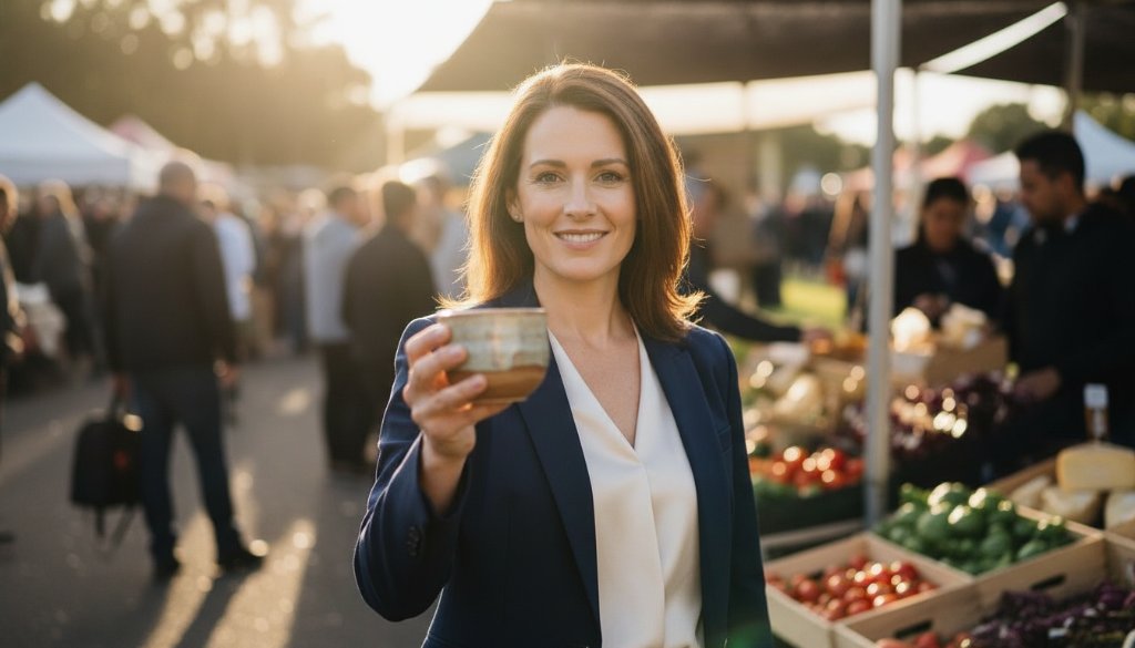 A powerful, emotionally charged dynamic editorial photography Pakenham Victoria shot, capturing a local artisan passionately presenting their handcrafted goods at a vibrant community market near Lakeside Pakenham, bathed in warm, dramatic afternoon sunlight, with a shallow depth of field highlighting their engaged expression and the bustling atmosphere.