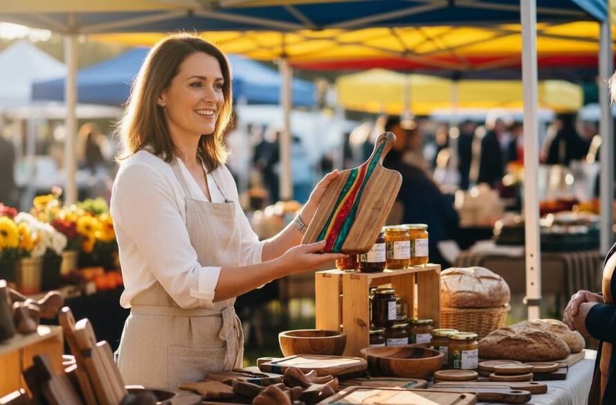 Dramatic wide shot of a local business owner passionately explaining their craft at a bustling Scoresby market stall, captured with dynamic editorial photography, featuring vibrant fresh produce and warm natural light.