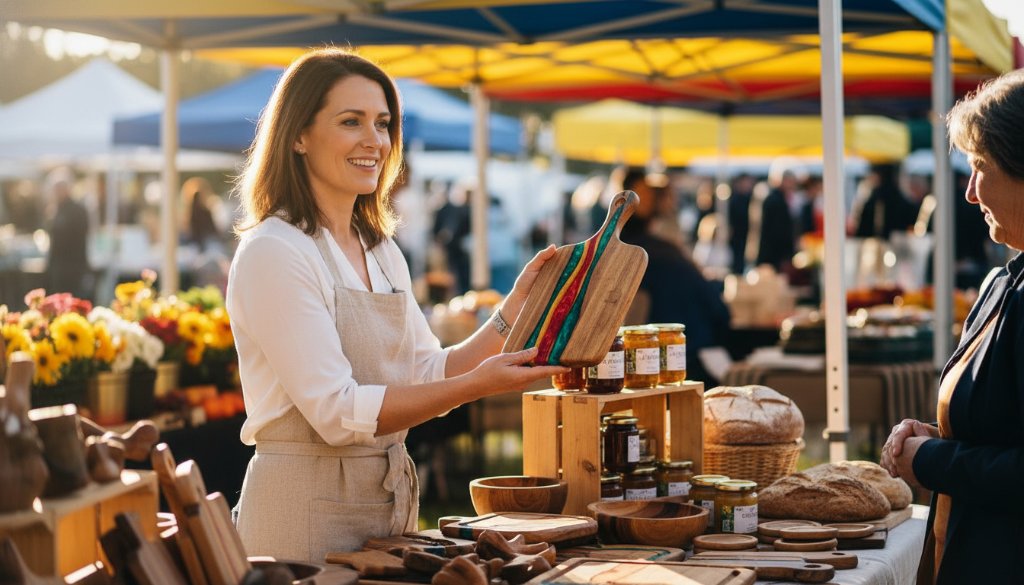 Dramatic wide shot of a local business owner passionately explaining their craft at a bustling Scoresby market stall, captured with dynamic editorial photography, featuring vibrant fresh produce and warm natural light.