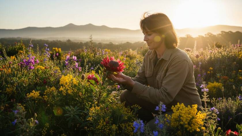 Dynamic editorial photography storytelling The Basin Victoria: A cinematic, ultra-wide shot of a local environmental artist tending to a vibrant native wildflower garden at sunrise, with the misty Dandenong Ranges in the background, captured with dramatic golden light and professional colour grading.