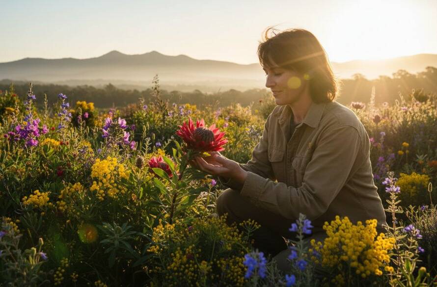 Dynamic editorial photography storytelling The Basin Victoria: A cinematic, ultra-wide shot of a local environmental artist tending to a vibrant native wildflower garden at sunrise, with the misty Dandenong Ranges in the background, captured with dramatic golden light and professional colour grading.