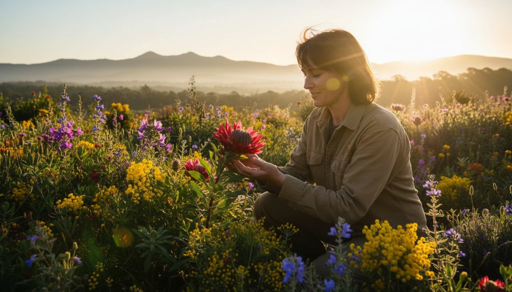 Dynamic editorial photography storytelling The Basin Victoria: A cinematic, ultra-wide shot of a local environmental artist tending to a vibrant native wildflower garden at sunrise, with the misty Dandenong Ranges in the background, captured with dramatic golden light and professional colour grading.