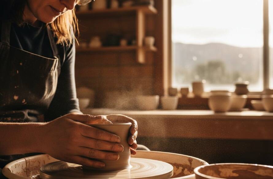 A powerful, cinematic shot of a local artisan from The Basin demonstrating their craft with intensity, captured with dynamic editorial photography for The Basin businesses, showcasing passion and skill.