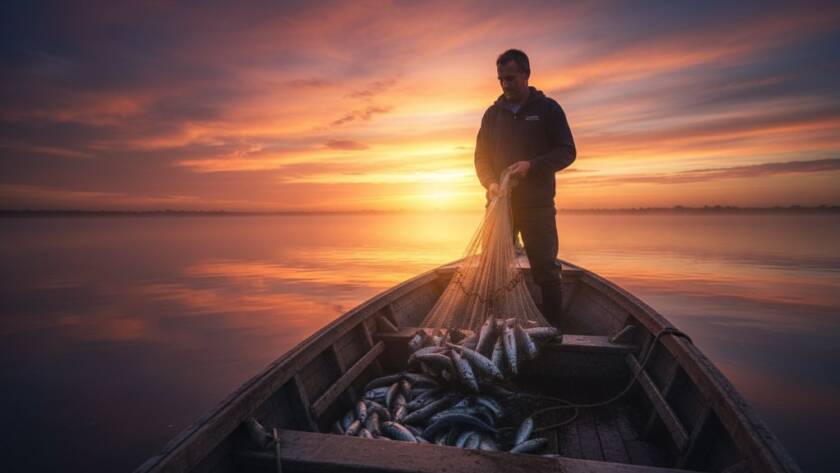 A drone shot capturing the dynamic editorial photography Tooradin coastal narratives of a local fisherman triumphantly pulling a full net from the shimmering waters at sunset, silhouetted against the vibrant Victorian sky.