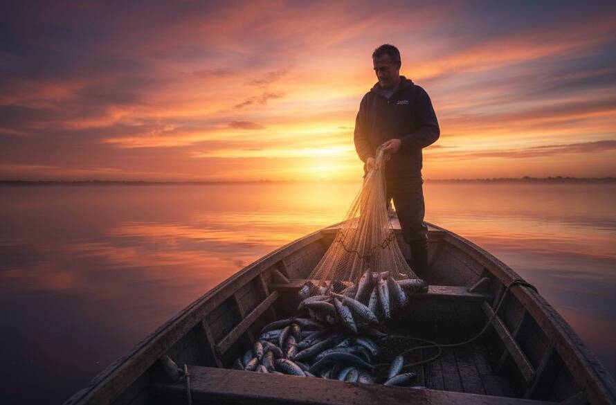 A drone shot capturing the dynamic editorial photography Tooradin coastal narratives of a local fisherman triumphantly pulling a full net from the shimmering waters at sunset, silhouetted against the vibrant Victorian sky.