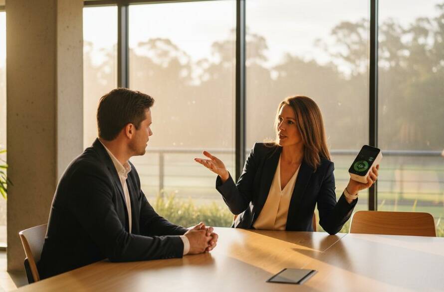 Dynamic editorial photography Vermont South storytelling capturing a visionary business leader mid-stride, silhouetted against a dramatic sunset over the leafy Dandenong Ranges, showcasing determination and future-focus.