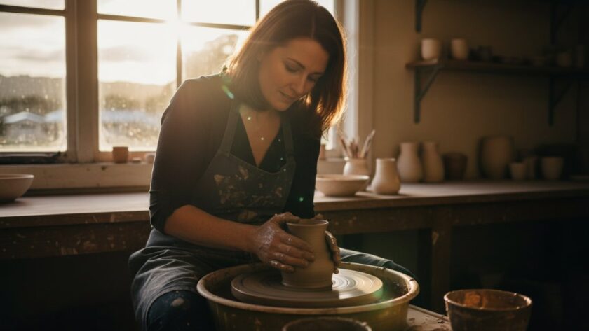 An epic moment captured through dynamic editorial photography Waurn Ponds businesses, showcasing a local entrepreneur passionately discussing their craft in a modern, light-filled workshop, with dramatic natural light highlighting their product and the bustling environment of Waurn Ponds.