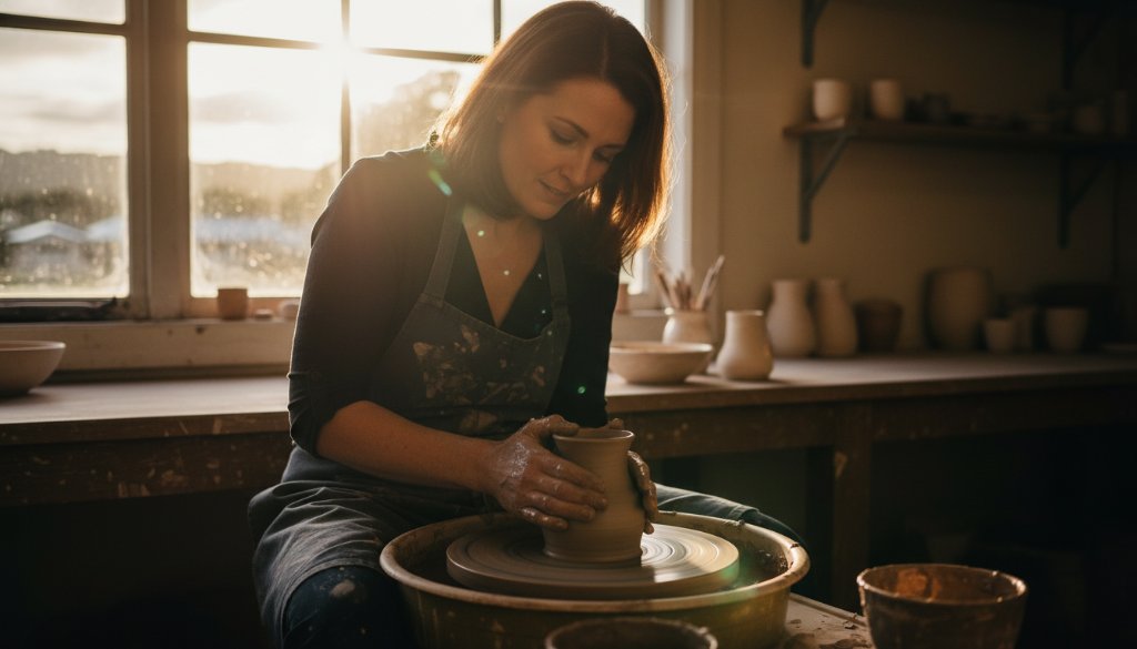 An epic moment captured through dynamic editorial photography Waurn Ponds businesses, showcasing a local entrepreneur passionately discussing their craft in a modern, light-filled workshop, with dramatic natural light highlighting their product and the bustling environment of Waurn Ponds.
